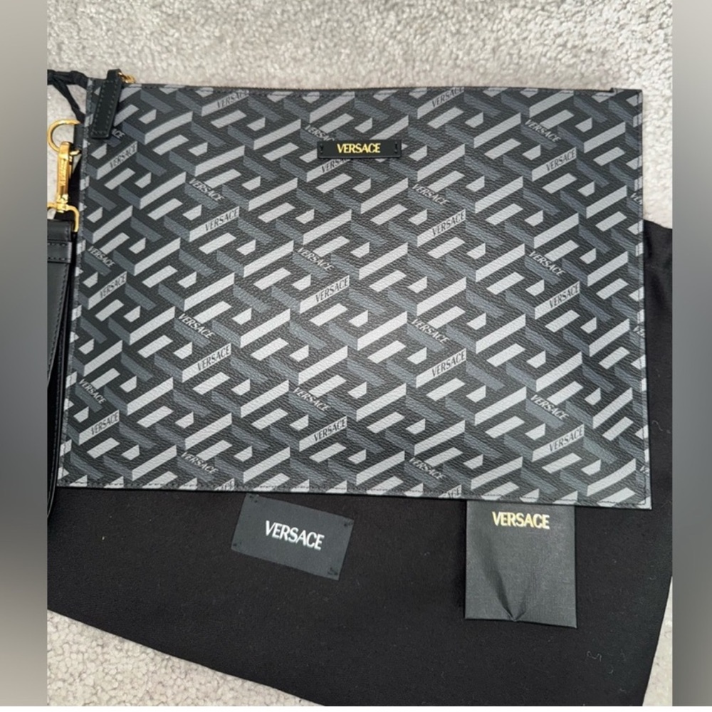 Versace Greca Monogram Black & Gray Large Pouch/Wristlet Coated Canvas NWT